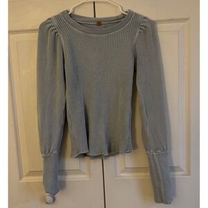 Free People FP One Waffle Knit Thermal Top Puff Sleeve Button Cuff Light Blue S